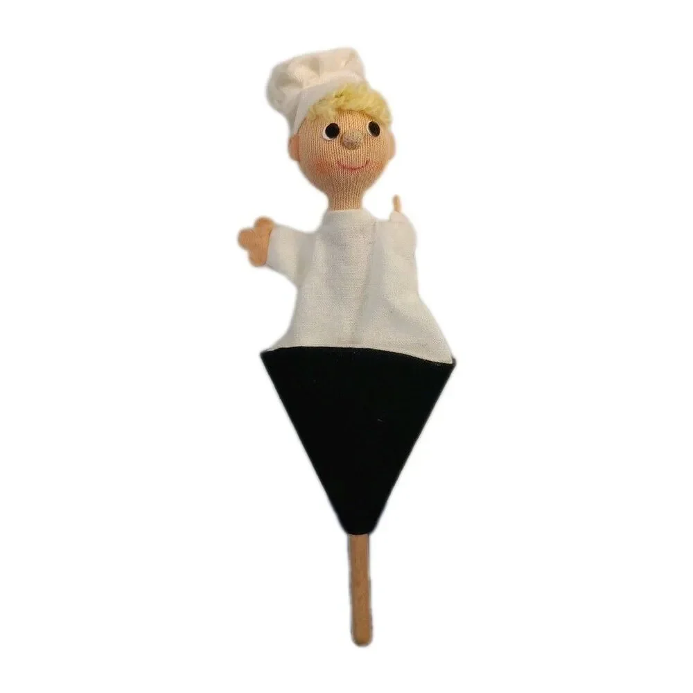 Pop Up Puppet Chef Vintage Wood Handle Chef Hat Blonde Hair Handmade